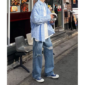 格纹衬衫美式复古开衫男宽松上衣高街潮CY0021 P50图片