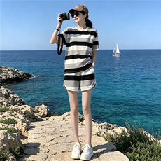 甜美时尚休闲套装女夏季新款显瘦圆领条纹短袖上衣阔腿短裤两件套，女装套装/套裙，江南