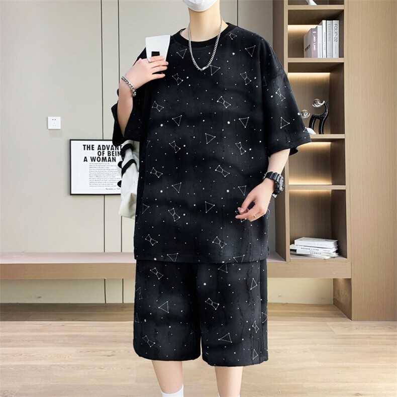 港风套装男宽松满天星扎染短袖T恤短裤休闲套装TZ6632-P55,男装休闲套装,星座310B-3