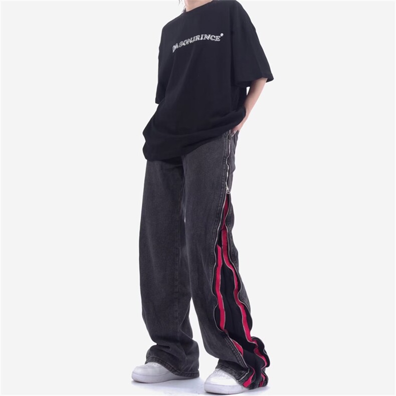 欧美高街拉链牛仔裤男hiphop炸街复古宽松小众vibe风长裤GN71-P72图片