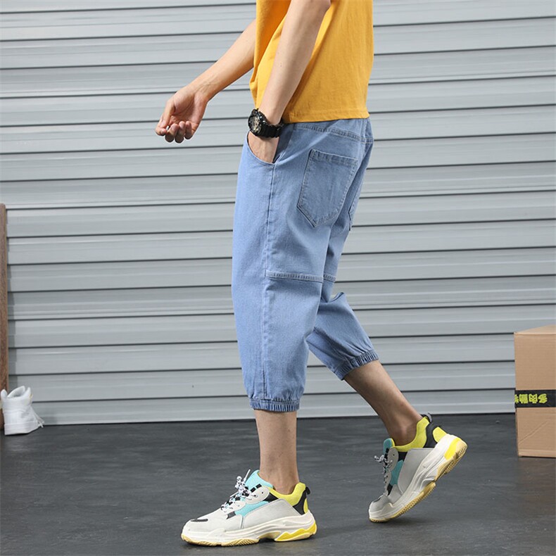 薄款七分哈伦牛仔裤男宽松短裤韩版潮流休闲7分工装马裤YD02图片