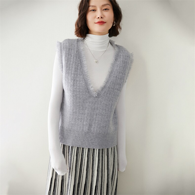 时尚流苏边羊绒马甲女V领显瘦百搭针织背心外套,女装马甲,迎冬羊绒