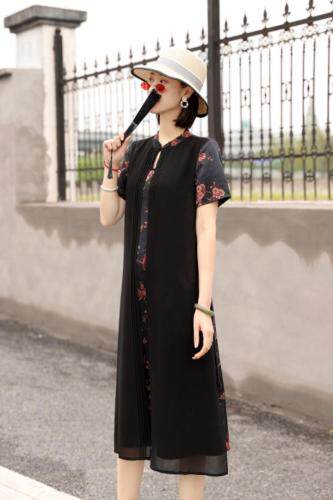 假两件真丝缎连衣裙，女装连衣裙，澳洛菲