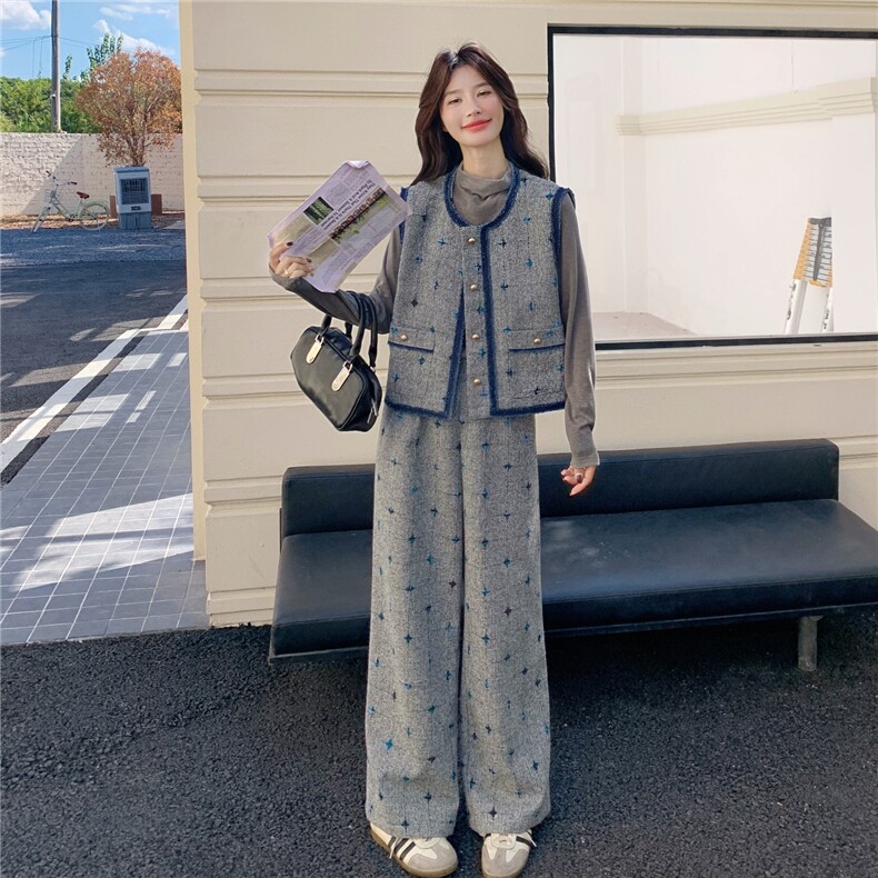 小香风刺绣马甲阔腿裤套装女2025秋季新款设计感时尚打底衫三件套,女装套装/套裙,2C272