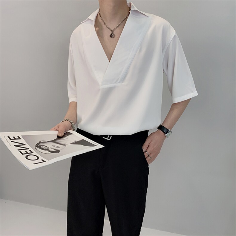 夏季免烫休闲禁欲系V领短袖衬衫韩版网红纯色衬衣潮CS711-P55控78图片