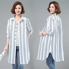 2021春季新款时尚百搭休闲条纹长款衬衫，女装衬衫，小林双子