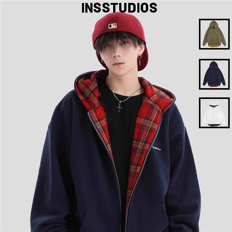 INSstudios 潮牌情侣美式假两件拼接格子卫衣宽松加绒开衫外套图片