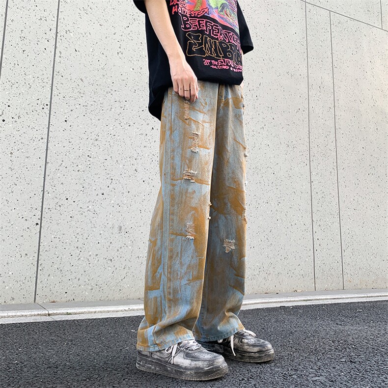 做旧设计牛仔裤高腰显瘦2024年休闲宽松阔腿裤男女裤子NZ1353-P50,男装牛仔裤,星座308B-2