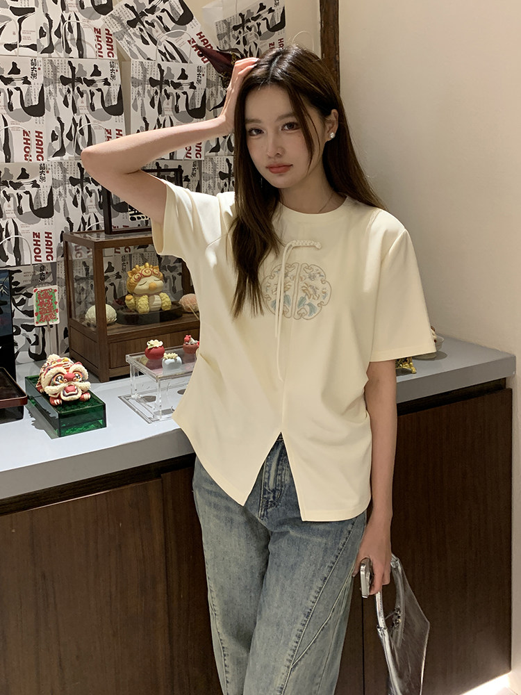 时尚开叉刺绣T恤修身显瘦短袖上衣,女装T恤,鑫慧