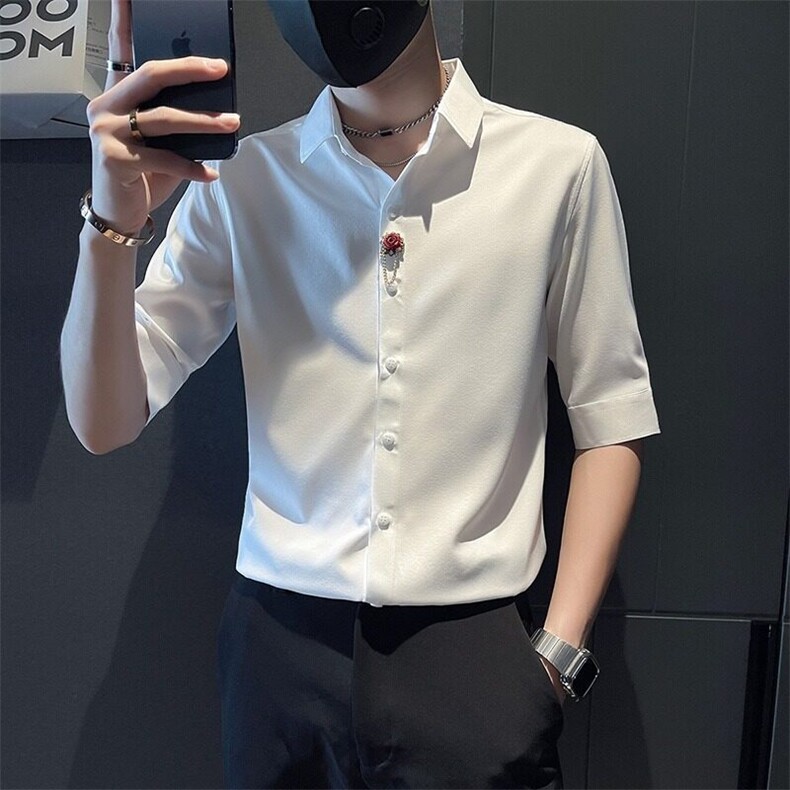 薄款短袖衬衫男装修身高级感轻商务抗皱免烫黑色休闲五分中袖衬衣,男装衬衫,星座506A