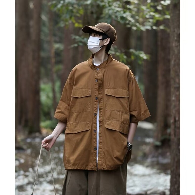 HY2307-P40 夏季新款日系复古短袖ins工装衬衫士宽松多袋衬衣外套图片