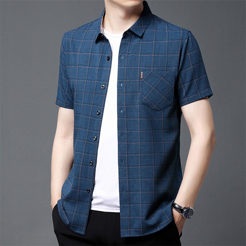 夏季新款短袖衬衫纯色休闲商务男士格子开衫简约时尚透气男装,男装T恤,钱塘6003（原4033）