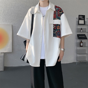 8XL-M民族风拼接短袖衬衫男夏季痞帅半袖衬衣薄款外套DC28009P45图片