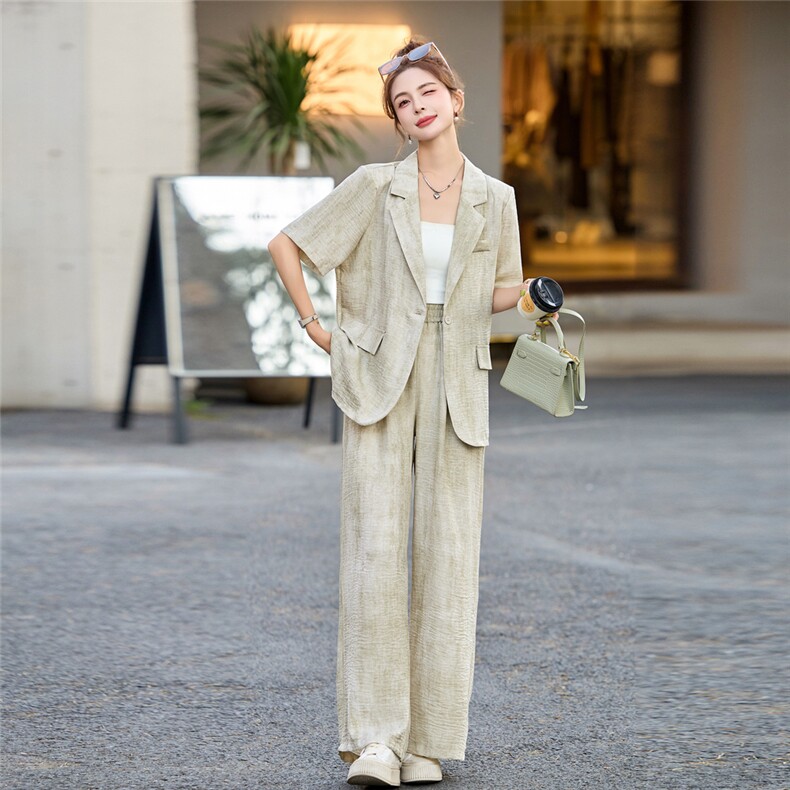 时尚套装女2025夏季新款韩版宽松显瘦短袖西装外套阔腿裤两件套潮,女装套装/套裙,蝶眷