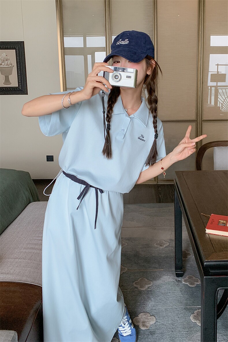 浅蓝色学院风poloT恤半身裙套装女2025夏季新款休闲小个子两件套,女装套装/套裙,2C206