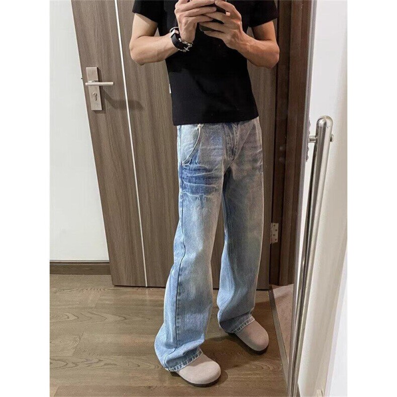 美式复古时髦裂纹牛仔裤直筒垂坠感长裤做旧水洗休闲裤男,男装休闲裤,星座410-7