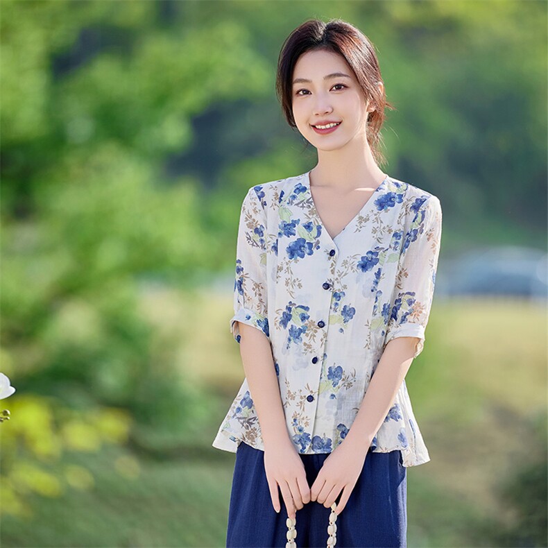 2026年夏季女短袖薄苎麻文艺风,女装衬衫,江南依恋