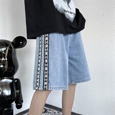 高街短裤男士夏季牛仔短裤潮牌中裤宽松美式编织五分裤子D528-P35，男装牛仔裤，星座1008