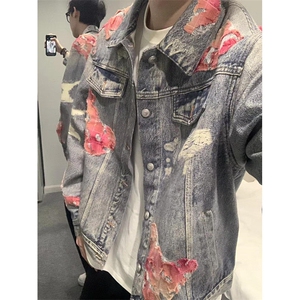 蕾丝火焰垫肩牛仔外套男女痞帅棒球服水洗复古工装夹克 J35图片