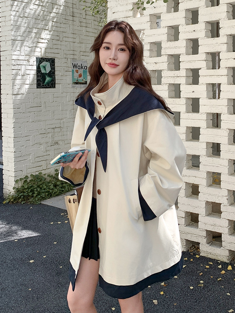 设计感撞色拼接连帽风衣女2025秋新款韩系超好看宽松显瘦百搭外套图片