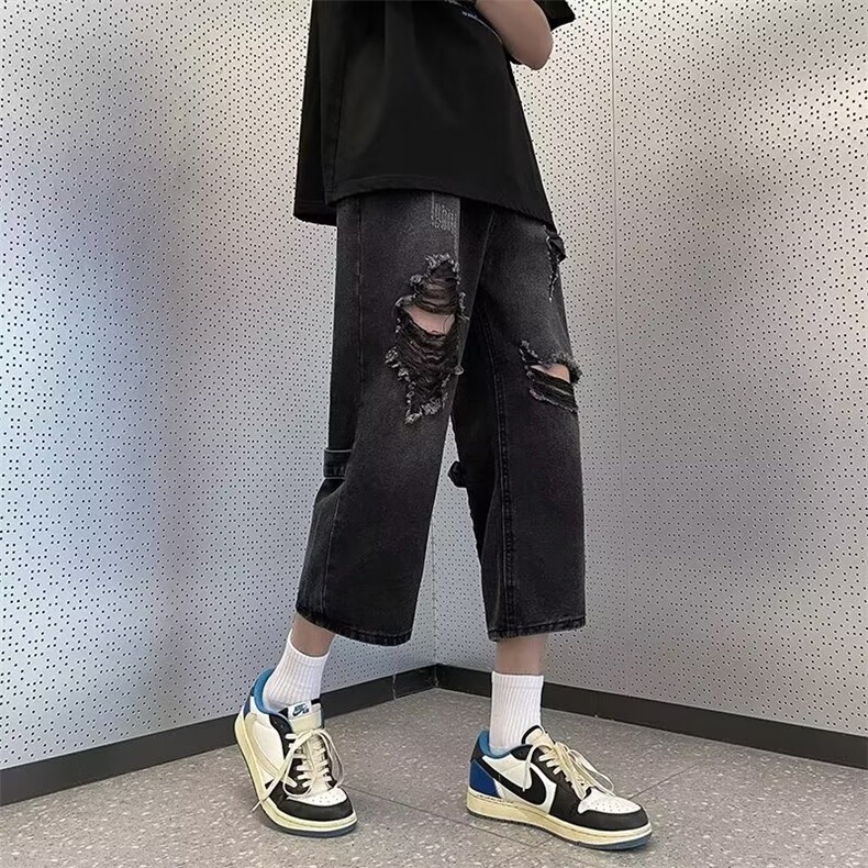 破洞牛仔裤男夏季美式高街vibe裤子潮牌嘻哈七分裤青少年休闲短裤,男装牛仔裤,星座410-6（原星座1304-1）