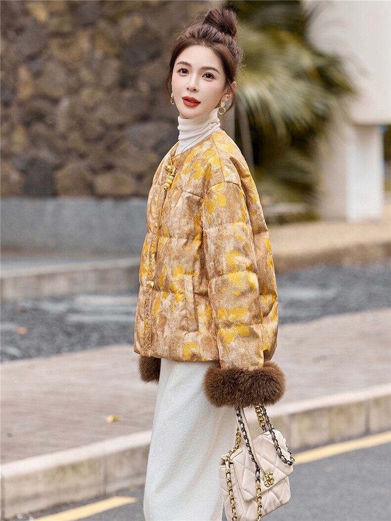 新中式90提花羽绒服2025年冬季新款高级感优雅气质白鸭外套,女装羽绒服,玖莱伊