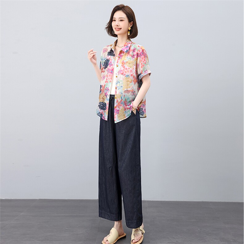 叶笙衣套装2552-132印花短袖复古花纹阔腿裤套装,女装套装/套裙,叶笙衣