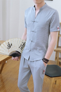 夏季男士套装潮流棉麻短袖t恤两件套V领亚麻男帅气一套TZ019-P50图片