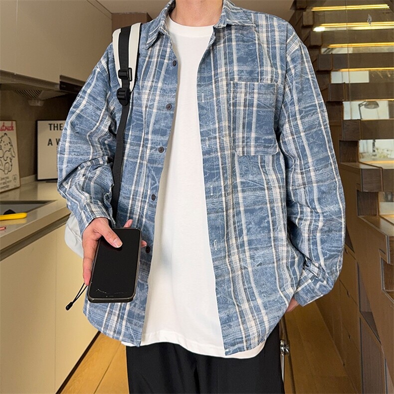 现货复古晕染格子长袖衬衫女高级感慵懒风外套男C19-P50控78,男装衬衫,星座205-5