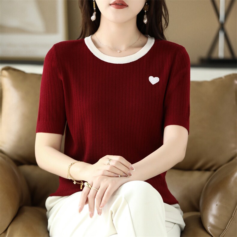 2025春季活动通勤弹力新款女士打底衫夏季简约百搭时尚圆领短袖,女装T恤,德尔信羊绒