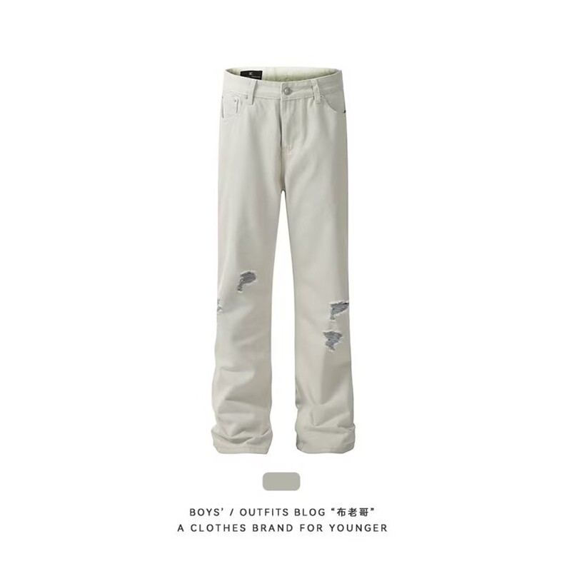 K7116-P50白色牛仔裤男新款美式高街cleanfit裤子破洞直筒,男装牛仔裤,电商B323A