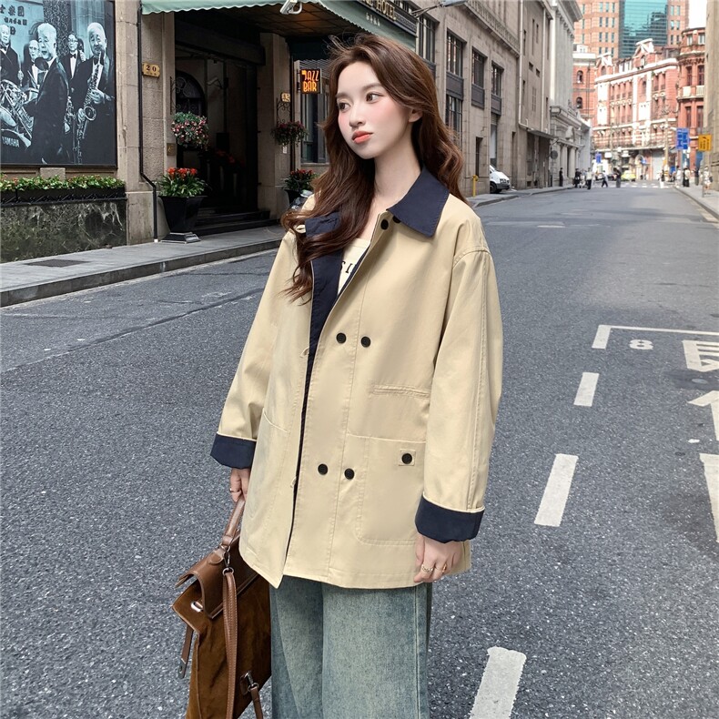 撞色翻领风衣外套女2025秋新款韩系高级感小个子宽松显瘦百搭大衣,女装风衣,2D145