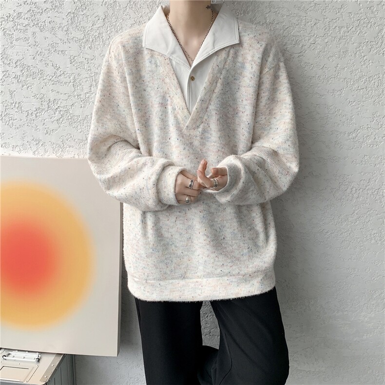 美式男士卫衣慵懒风彩点假两件翻领毛衣外衣宽松休闲针织衫，男装针织衫/毛衣，电商B319