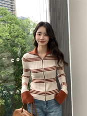 时尚新款条纹开衫女翻领纯色毛衣修身拉链针织外套，女装针织衫/毛衣，玛卡隆羊绒