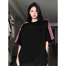 抖音得物品质二开240克宽松纯棉美式潮牌印花三条杠中性风短袖T恤，男装T恤，电商A486-1