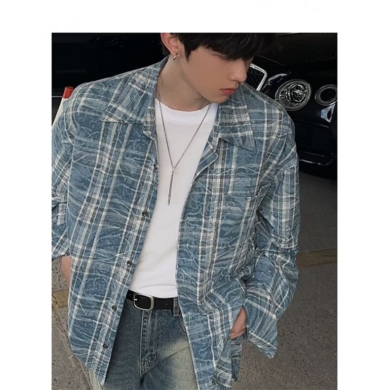复古纯棉蓝色格子衬衫男设计感cleanfit短袖衬衣外套夏季C691,男装衬衫,星座1116A（原606A-3）