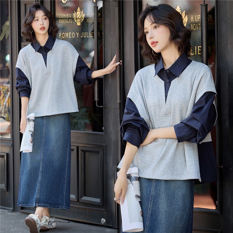 2885时尚休闲拼接假两件上衣，女装衬衫，罗得堡