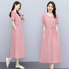 2021夏季新款简约气质减龄V领时尚腰部抽绳系带收腰修身连衣裙，女装连衣裙，多彩