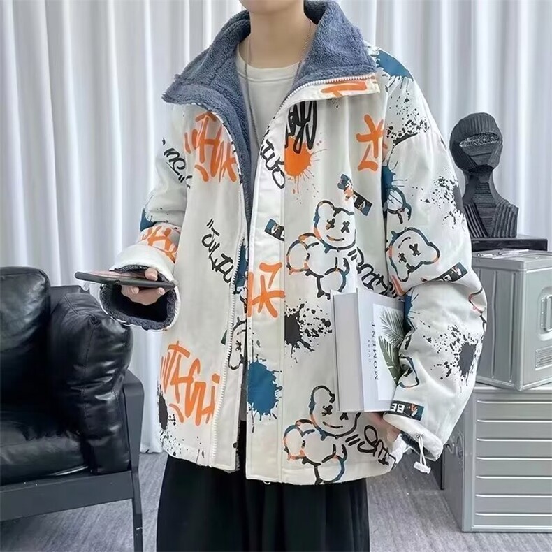 涂鸦棉服男女春季街头潮牌时尚压褶潮流双面穿棉衣外套201/P60,男装棉衣,星座506