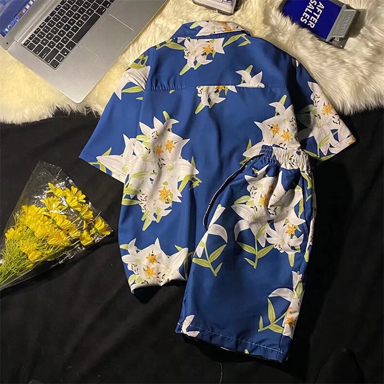 复古印花翻领丝简约文艺短袖衬衣清凉宽松短裤大码套装TZK06P50,男装休闲套装,星座1116-2