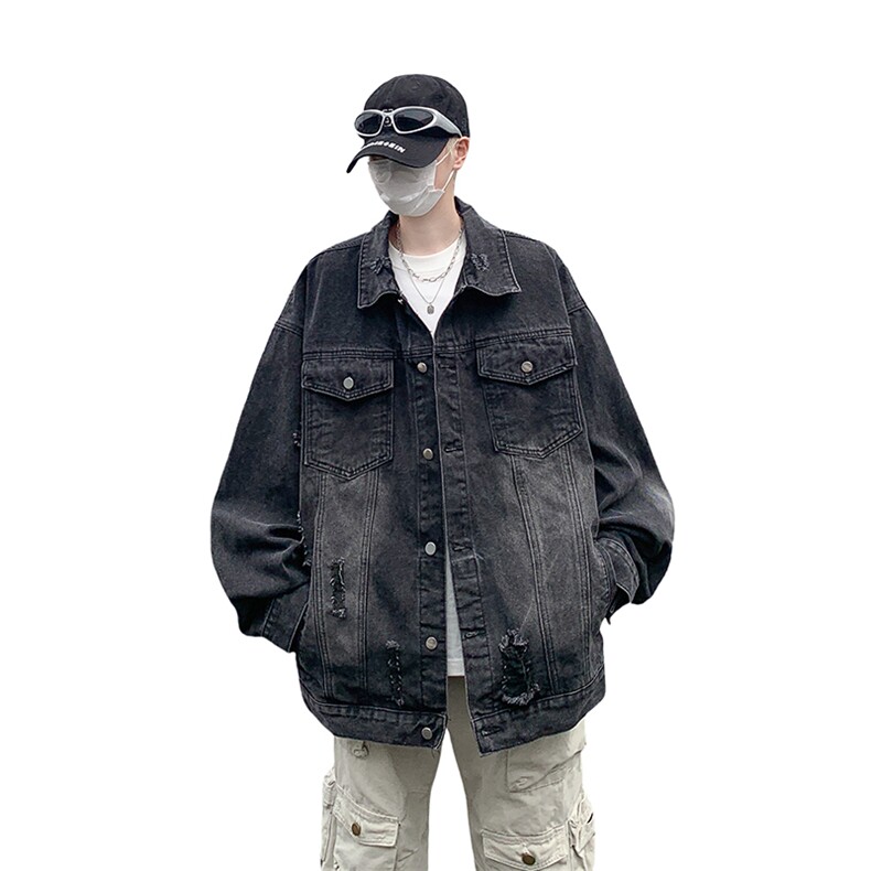 街头美式复古做旧牛仔外套男女宽松潮牌破洞夹克上衣SX369P57,男装工装外套,星座1112-1