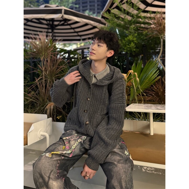 C316MY8004P88秋冬新款毛衣粗针开衫连帽深灰色浅蓝色毛衣,男装针织衫/毛衣,电商C316