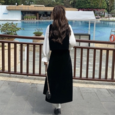 黑色丝绒马甲衬衫半身裙三件套女秋季2025新款高级感名媛气质套装，女装套装/套裙，浪娴服饰