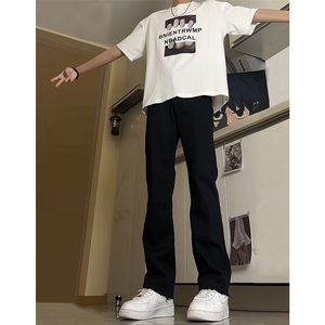 美式vibe黑色弯刀牛仔裤男款高个子加长裤子显瘦显腿长直筒微喇裤图片