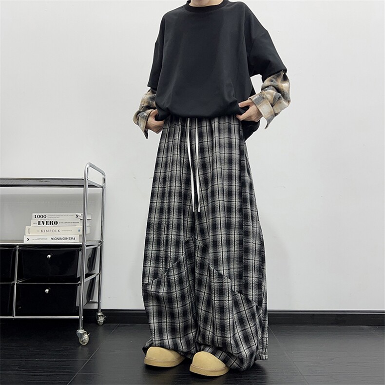 港风秋款男女千鸟格休闲裤双裤头条纹格子阔腿褶皱长裤h8048 P50图片