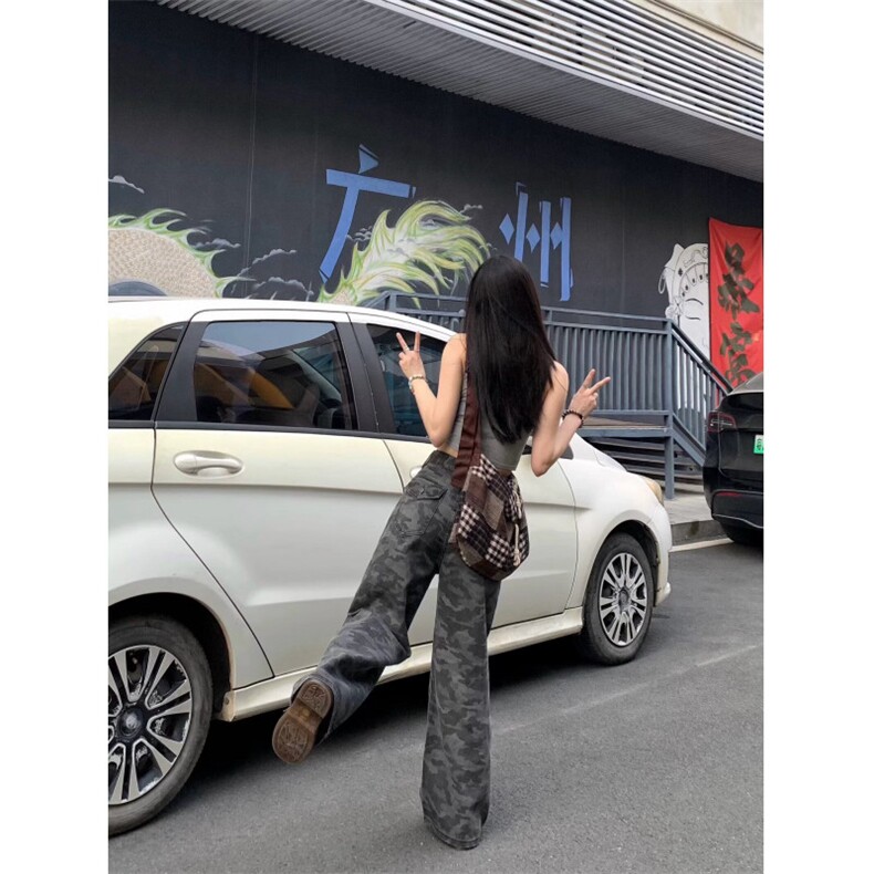 美式迷彩直筒牛仔裤女2025年夏季小个子高腰宽松显瘦阔腿裤新款,男装牛仔裤,星座1210-1