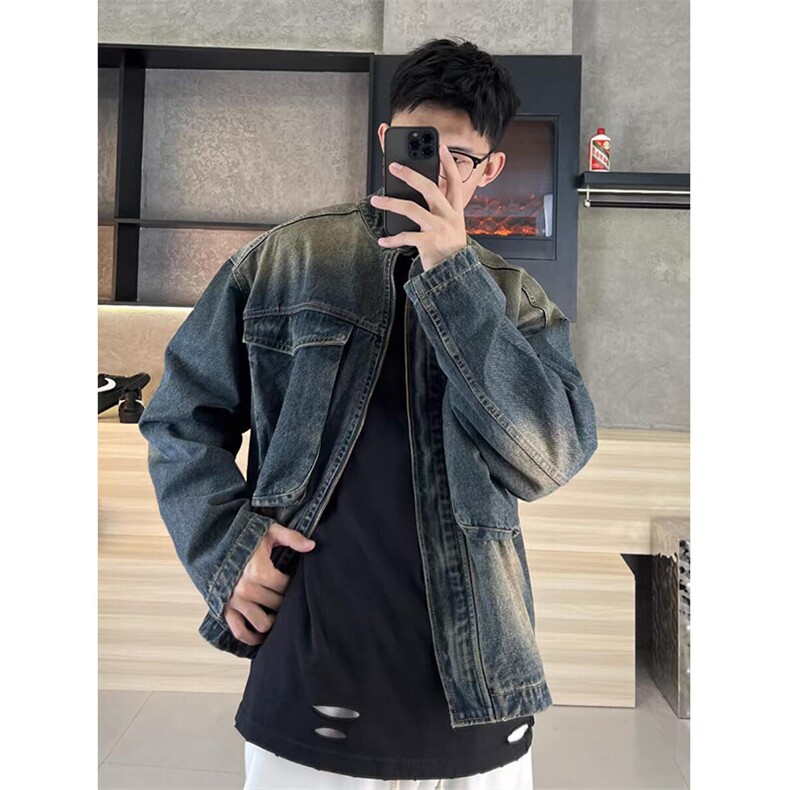 复古蓝渐变水洗做旧牛仔夹克宽松休闲大口袋外套JK001特P73,男装夹克,星座908-1