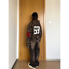 UNLG美式复古水洗迷彩刺绣连帽卫衣外套男秋冬季宽松休闲帽衫夹克，男装夹克，四季星座505