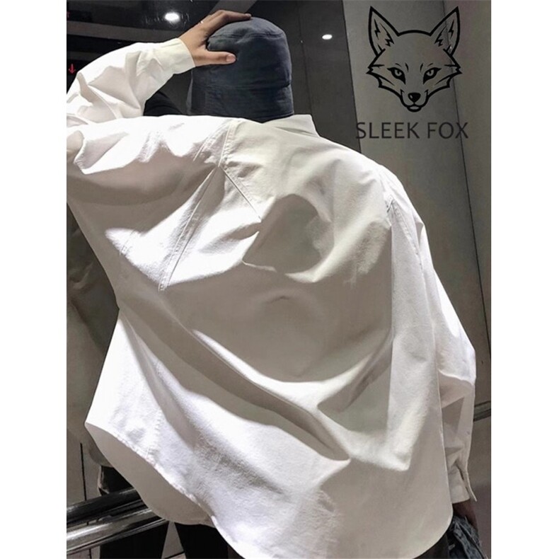 秋冬男士舒适外穿防晒休闲纯色ins宽松方领简约白色长袖衬衫 CZ04图片