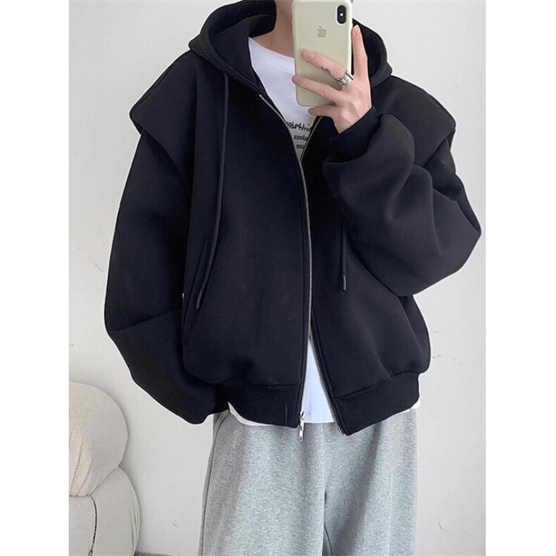 网络图现货大廓形双层复合垫肩卫衣外套连帽开衫上衣R8813-P55,女装短外套,星座1005-6